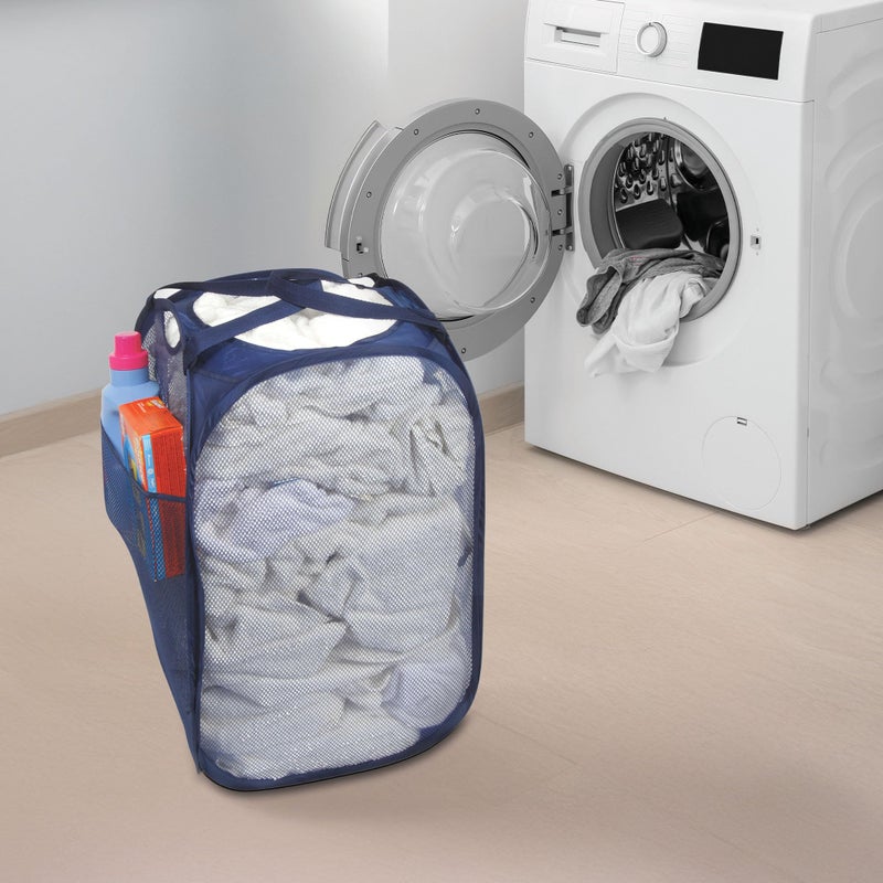 Smart Design Deluxe Mesh Pop Up Square Laundry Hamper w/ Side Pocket & Handles - VentilAir Fabric Collapsible Design - for Clothes & Laundry - Home - (Holds 2 Loads) (14 x 23 Inch) [Blue] - Image 3